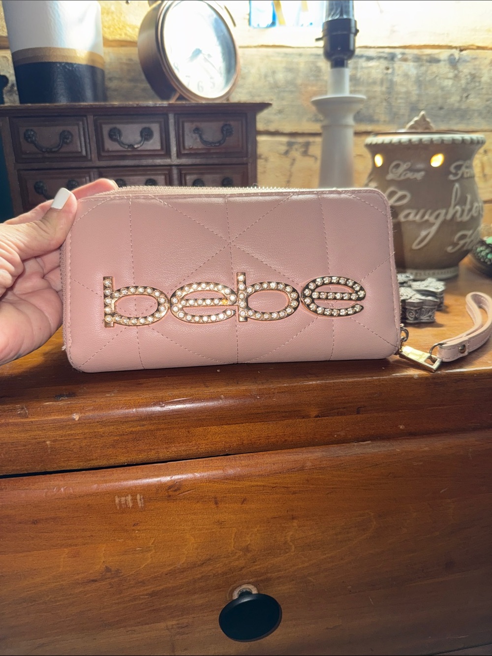 bebe Pink Quilted Wristlet Wallet with Crystal Logo